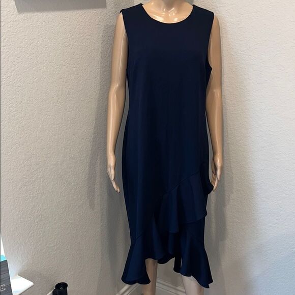 Calvin Klein Blue Ruffled Asymmetrical Sheath Dress - Picture 1 of 8